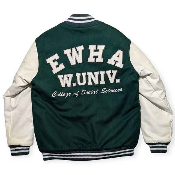 Ewha Womans University Varsity Jacket Leather Sleeves Green White L - Picture 3 of 13